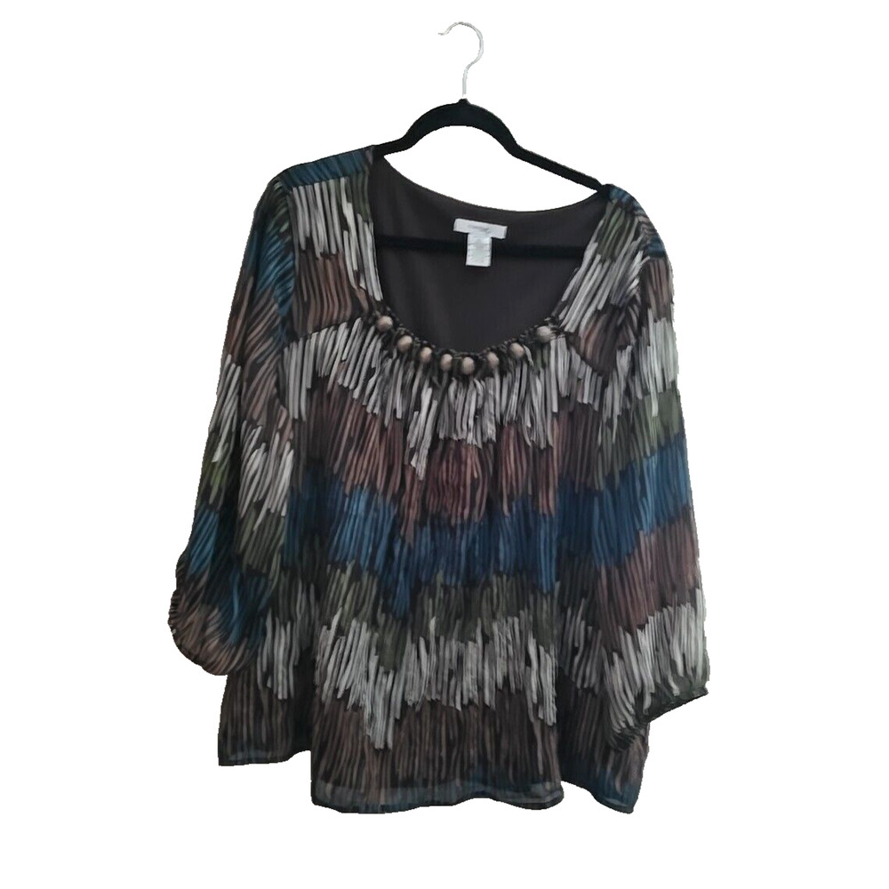 Dressbarn Brown Geometric Print Beaded Metallic 3/4 Sleeve Top‎ Womans Size 2X
